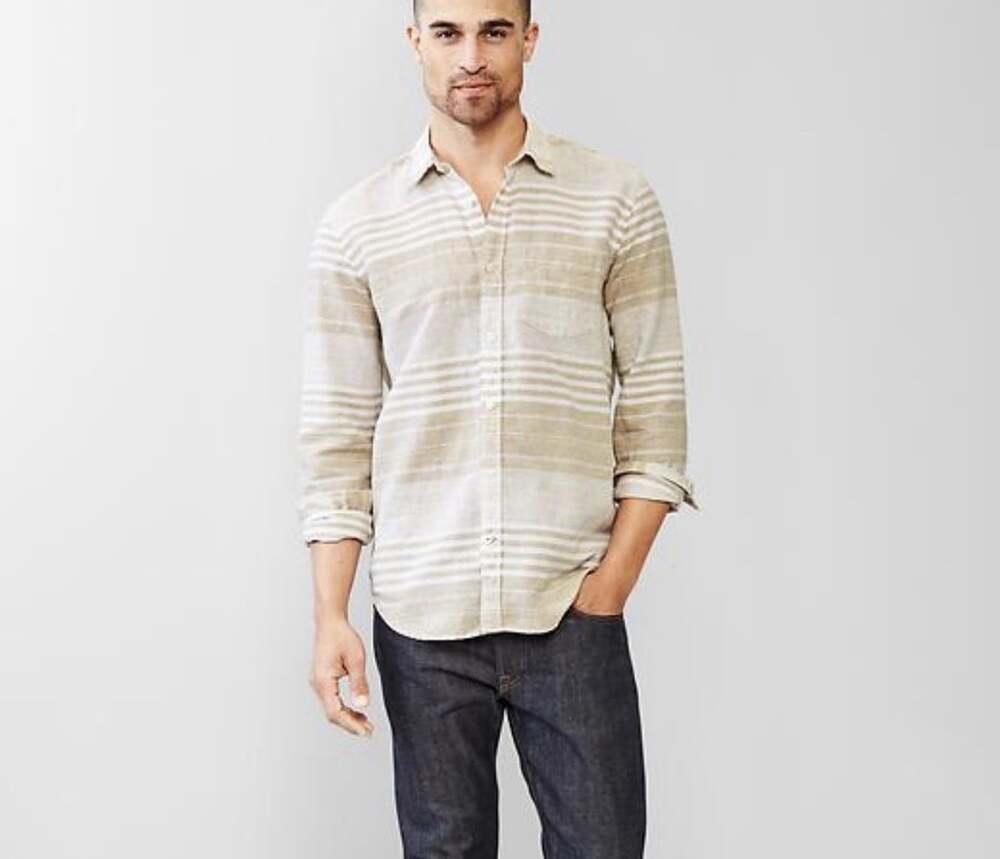 GAP Men's XL Linen Blend Blanket Shirt Long Sleeve Striped Beige & Ivory